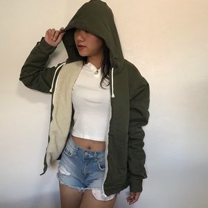 Olive green sherpa faux fur zip up jacket